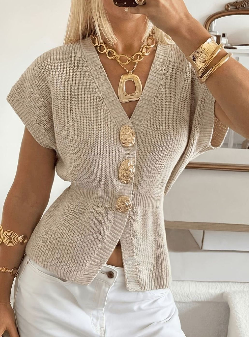 Women's V-Neck Knit Cap-Sleeve Button-Front Cardigan - Apricot