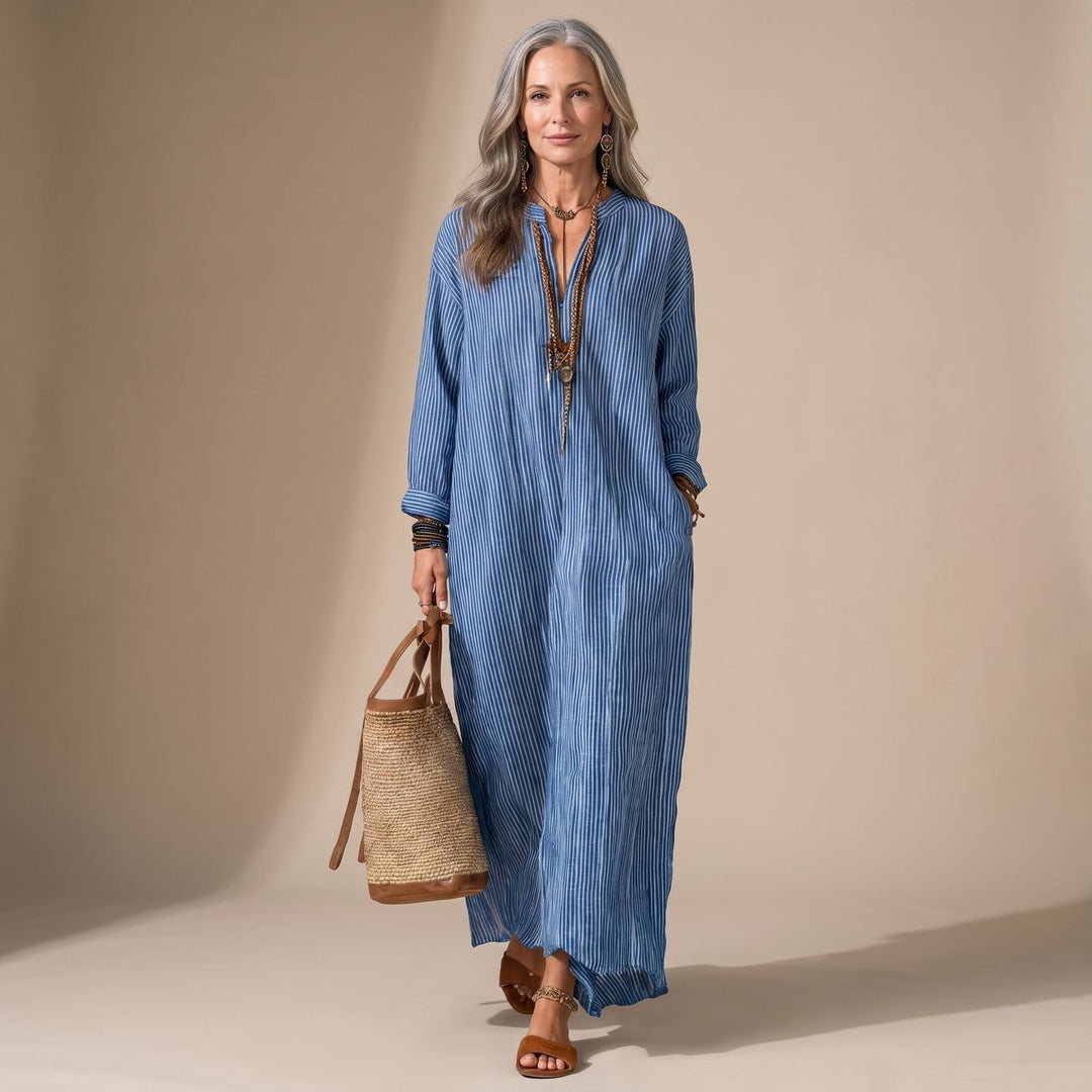 Women's V-Neck Long Sleeve Striped Maxi Dress with Side Pockets