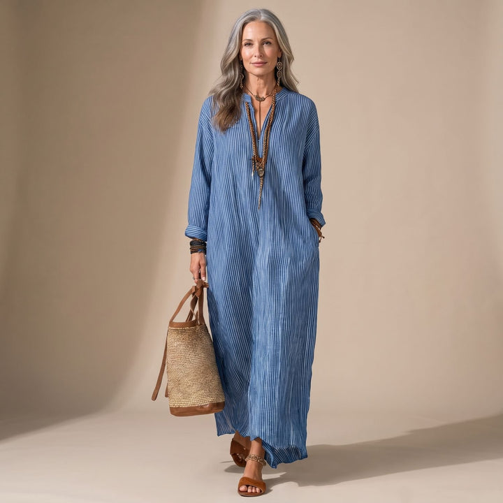 Women's V-Neck Long Sleeve Striped Maxi Dress with Side Pockets