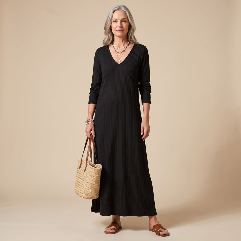 Women's V-Neck Long Sleeve Striped Maxi Dress with Side Pockets - Black