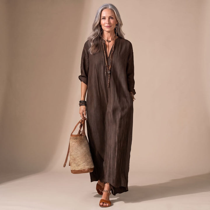 Women's V-Neck Long Sleeve Striped Maxi Dress with Side Pockets - Coffee Brown