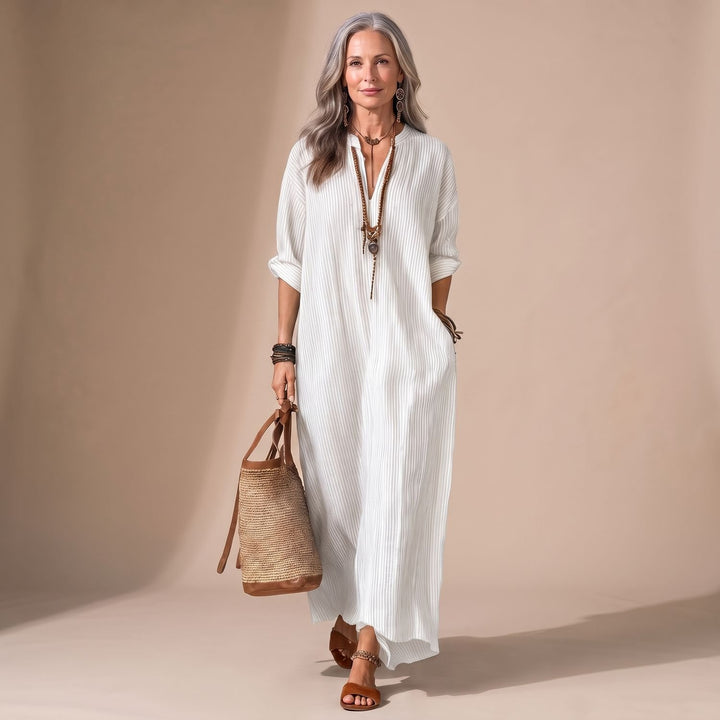 Women's V-Neck Long Sleeve Striped Maxi Dress with Side Pockets - White