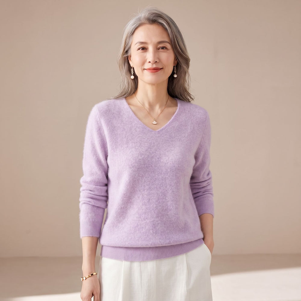 Women's V-Neck Loose Knit Pullover Sweater Relaxed Fit - Purple