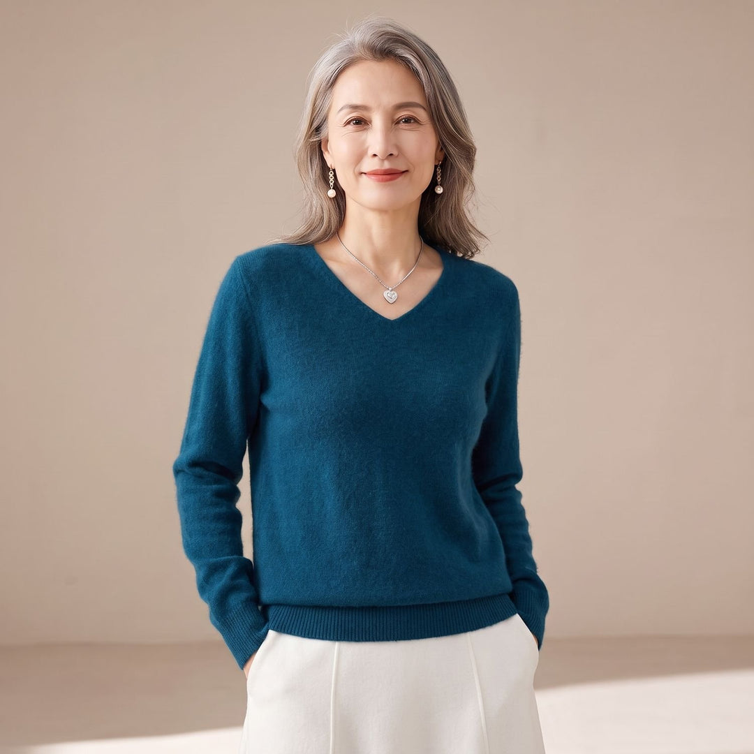 Women's V-Neck Loose Knit Pullover Sweater Relaxed Fit - Dark Blue