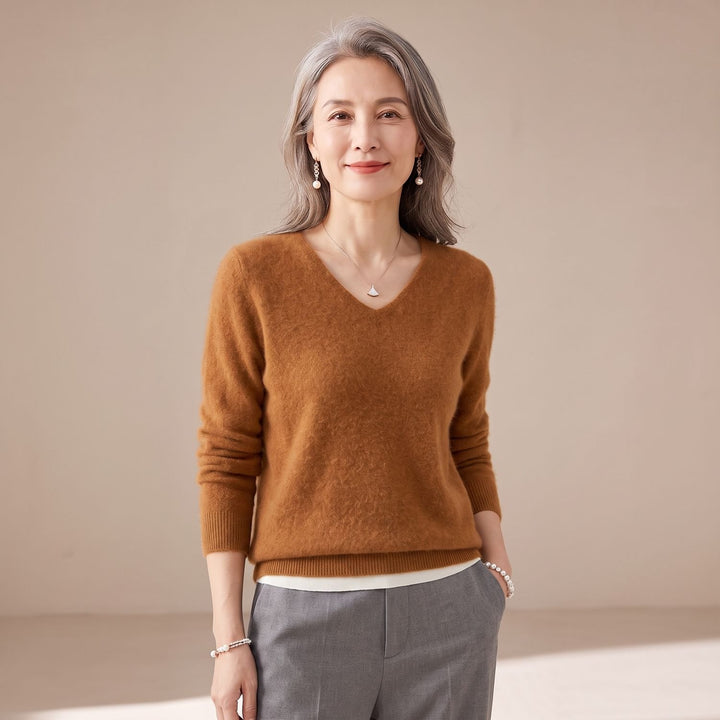 Women's V-Neck Loose Knit Pullover Sweater Relaxed Fit - Brown