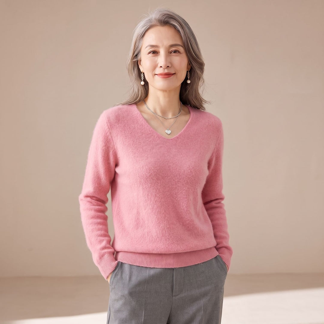 Women's V-Neck Loose Knit Pullover Sweater Relaxed Fit - Pink