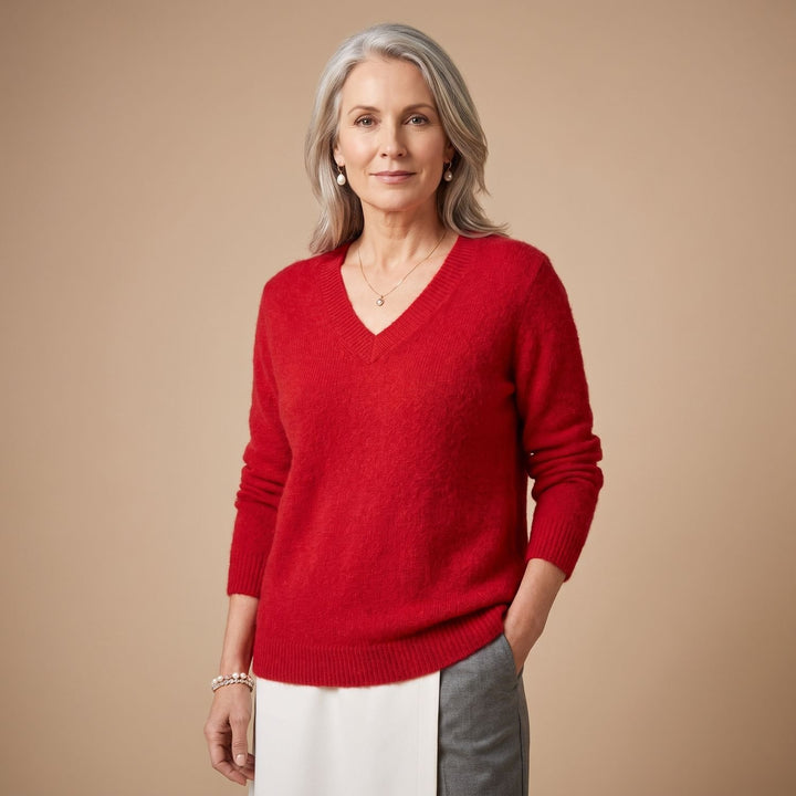 Women's V-Neck Loose Knit Pullover Sweater Relaxed Fit - Red