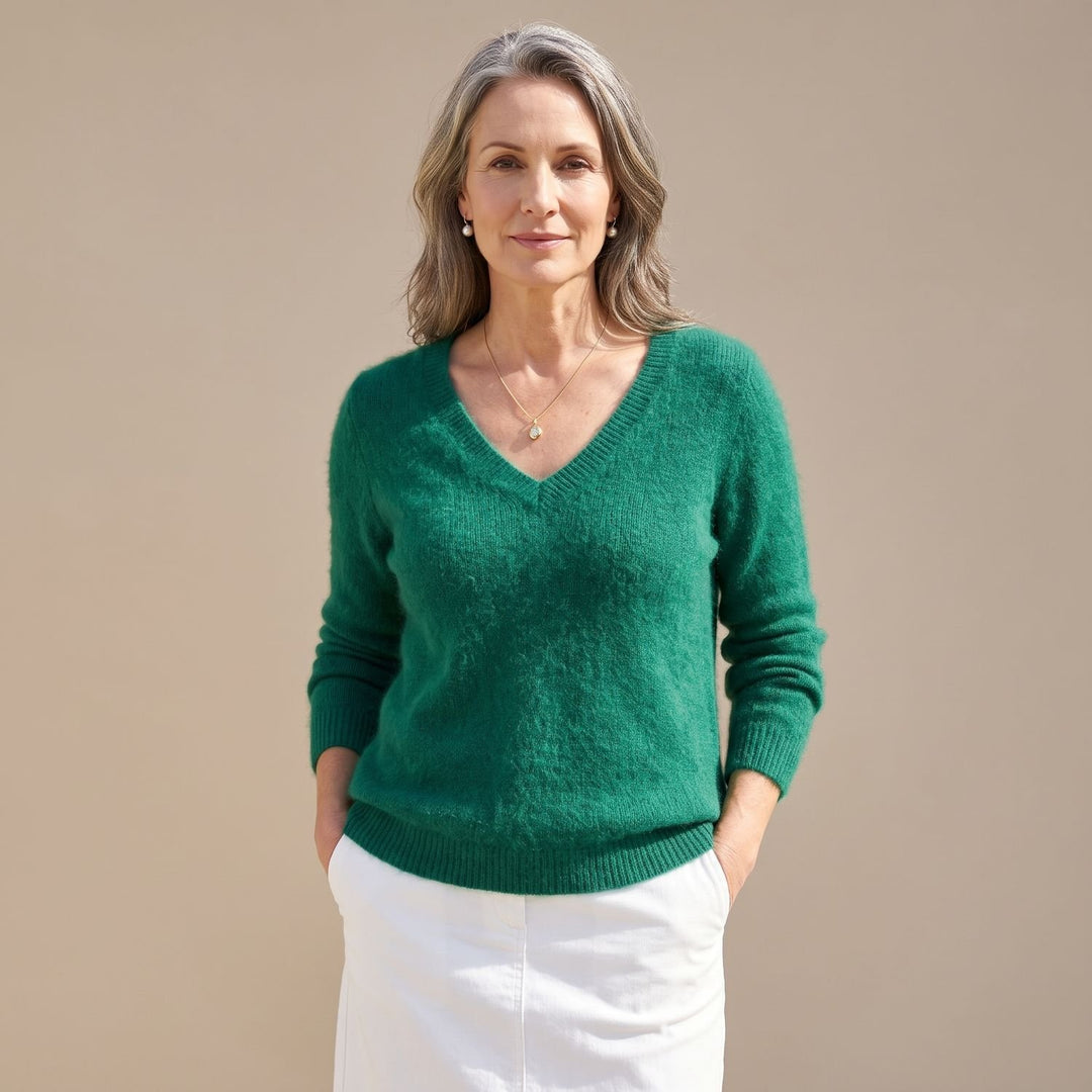 Women's V-Neck Loose Knit Pullover Sweater Relaxed Fit - Green