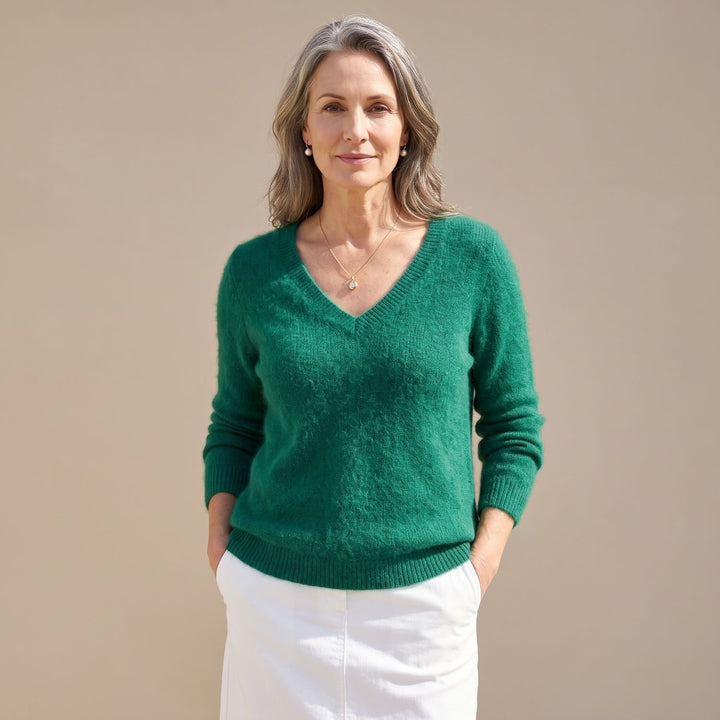 Women's V-Neck Loose Knit Pullover Sweater Relaxed Fit - Green