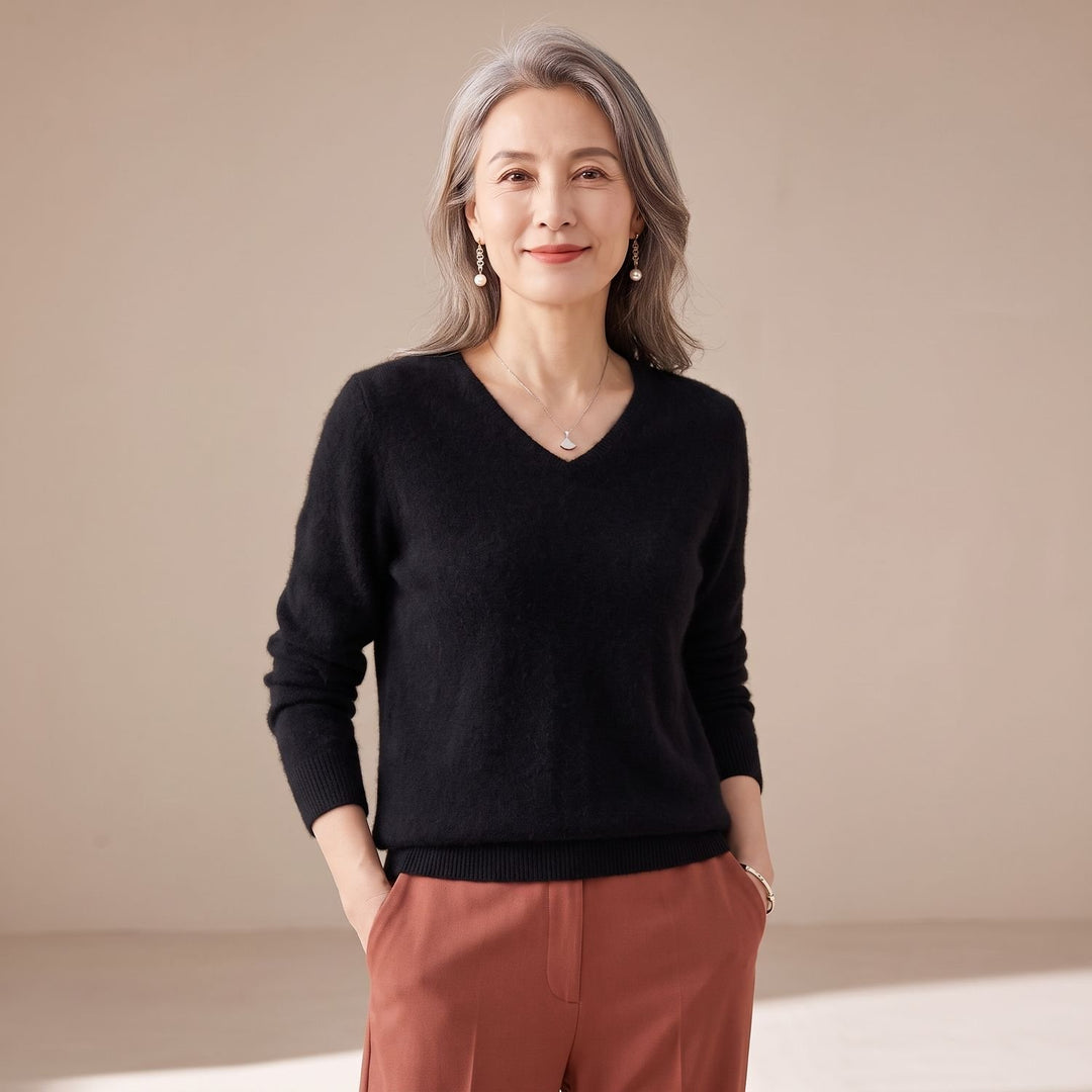 Women's V-Neck Loose Knit Pullover Sweater Relaxed Fit - Black
