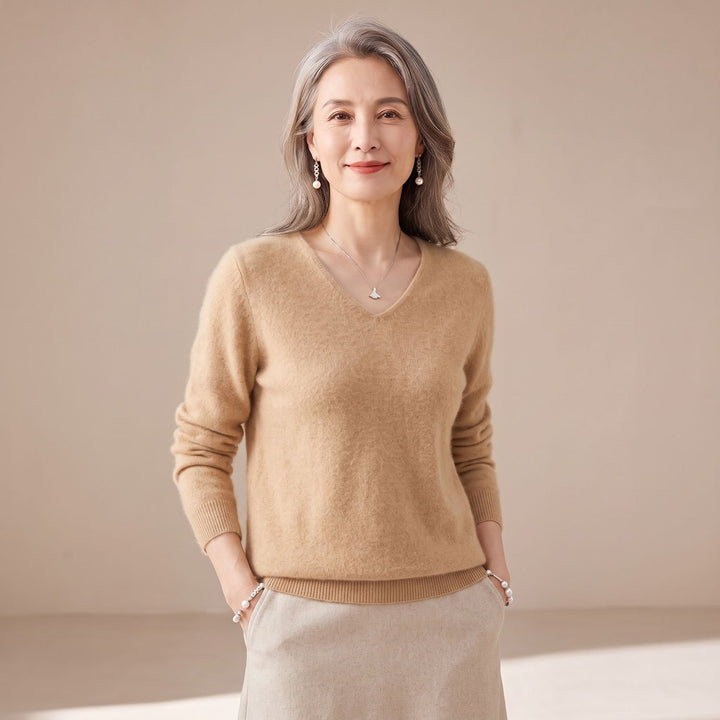 Women's V-Neck Loose Knit Pullover Sweater Relaxed Fit - Beige