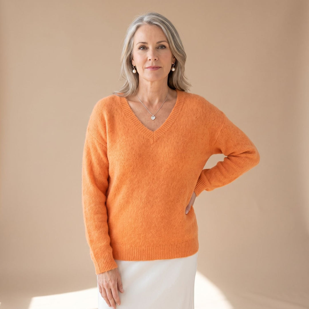 Women's V-Neck Loose Knit Pullover Sweater Relaxed Fit - Orange