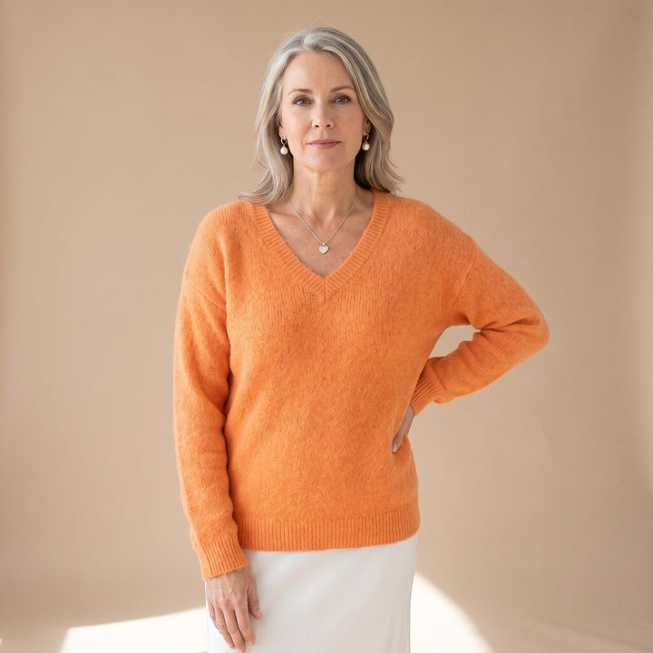 Women's V-Neck Loose Knit Pullover Sweater Relaxed Fit - Orange