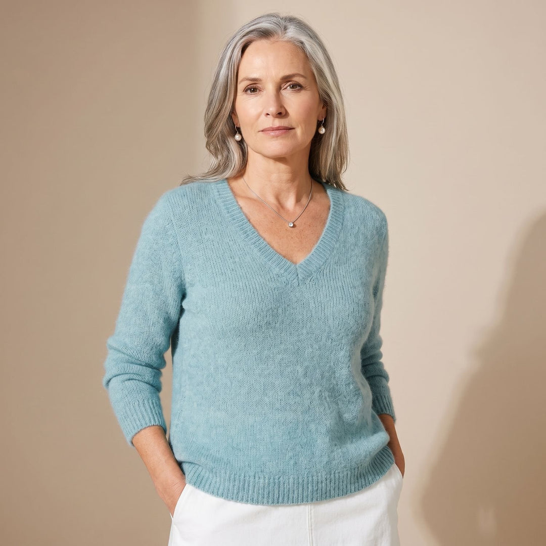 Women's V-Neck Loose Knit Pullover Sweater Relaxed Fit - Turquoise