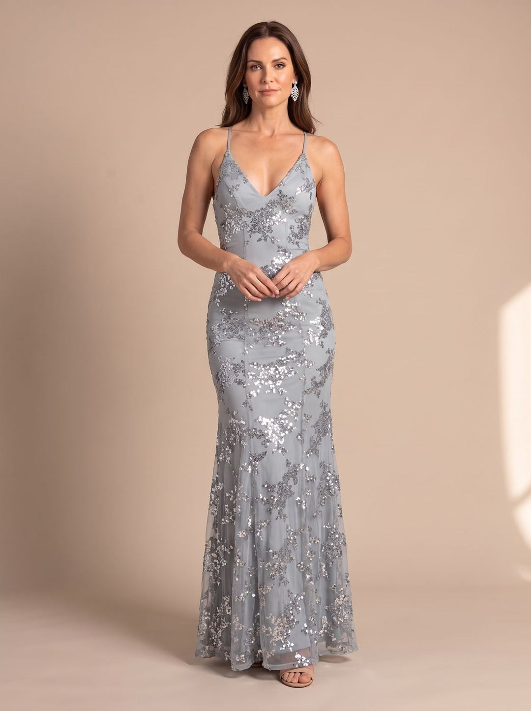 Women's V-Neck Open-Back Sequin Maxi Dress - Gray