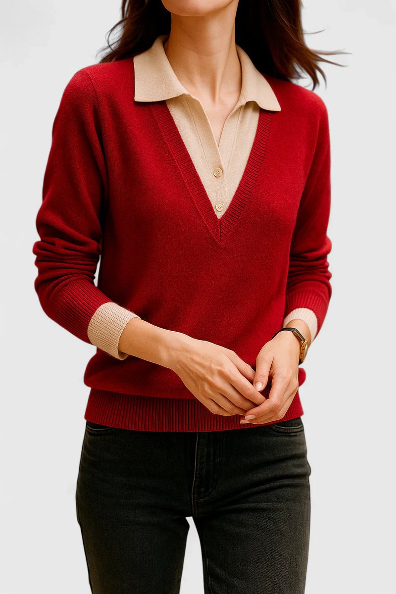 Women's V-Neck Polo Collar Knit Pullover Sweater