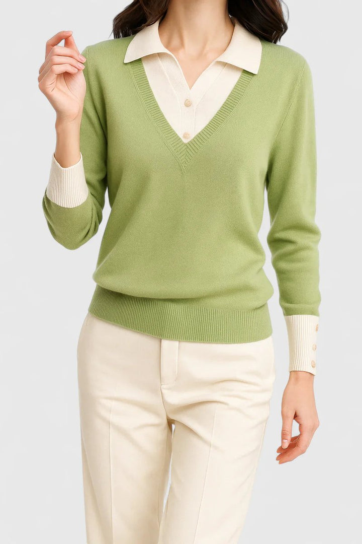 Women's V-Neck Polo Collar Knit Pullover Sweater - Lime