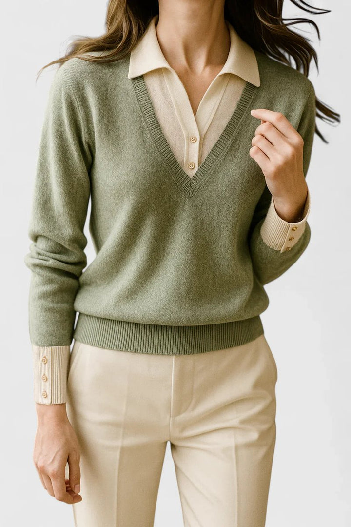 Women's V-Neck Polo Collar Knit Pullover Sweater
