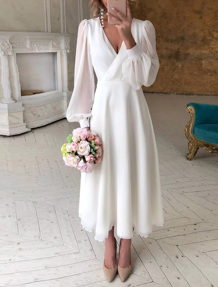 Women's V-Neck Puff Long Sleeve Dress Midi Wedding A-Line - White
