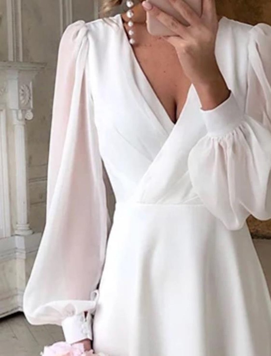 Women's V-Neck Puff Long Sleeve Dress Midi Wedding A-Line
