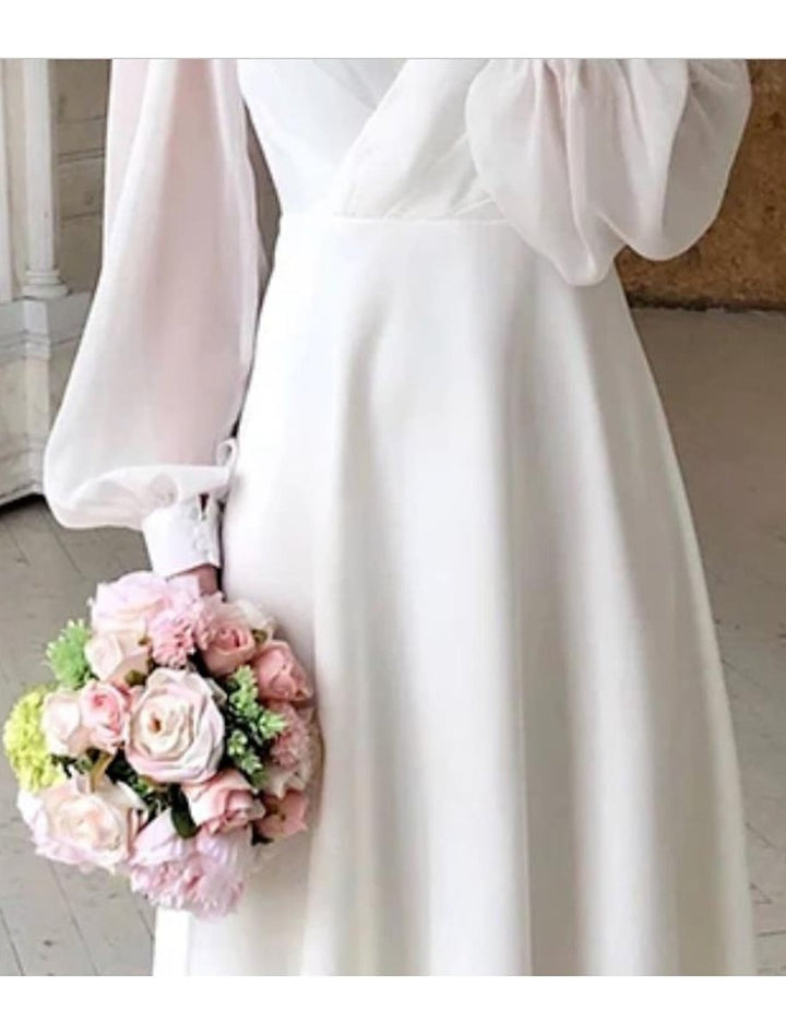 Women's V-Neck Puff Long Sleeve Dress Midi Wedding A-Line