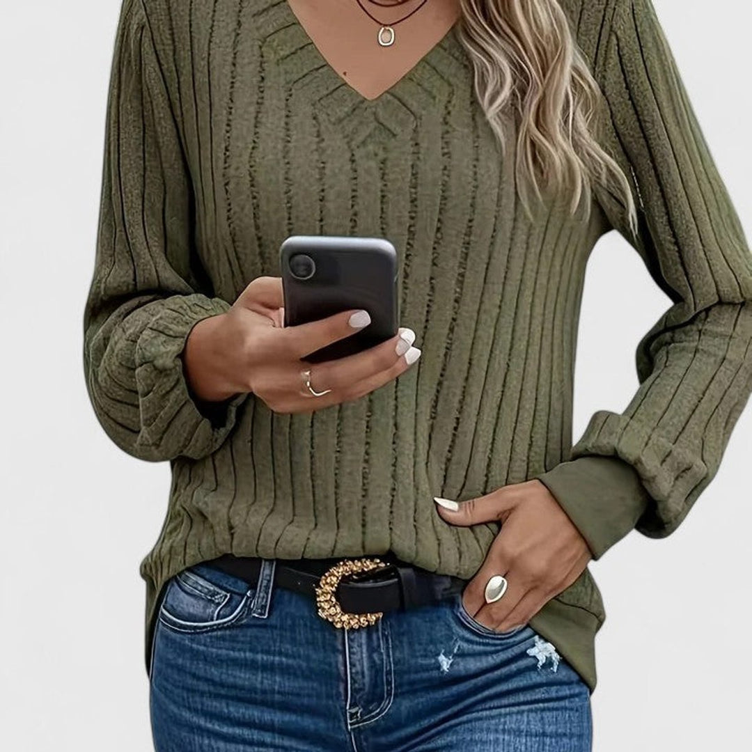 Women's V-Neck Ribbed Long-Sleeve Knit Sweater