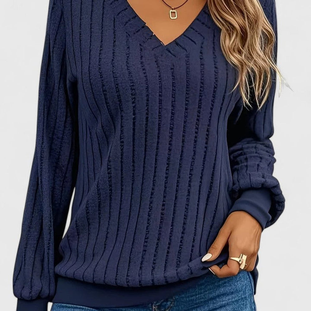 Women's V-Neck Ribbed Long-Sleeve Knit Sweater - Navy Blue