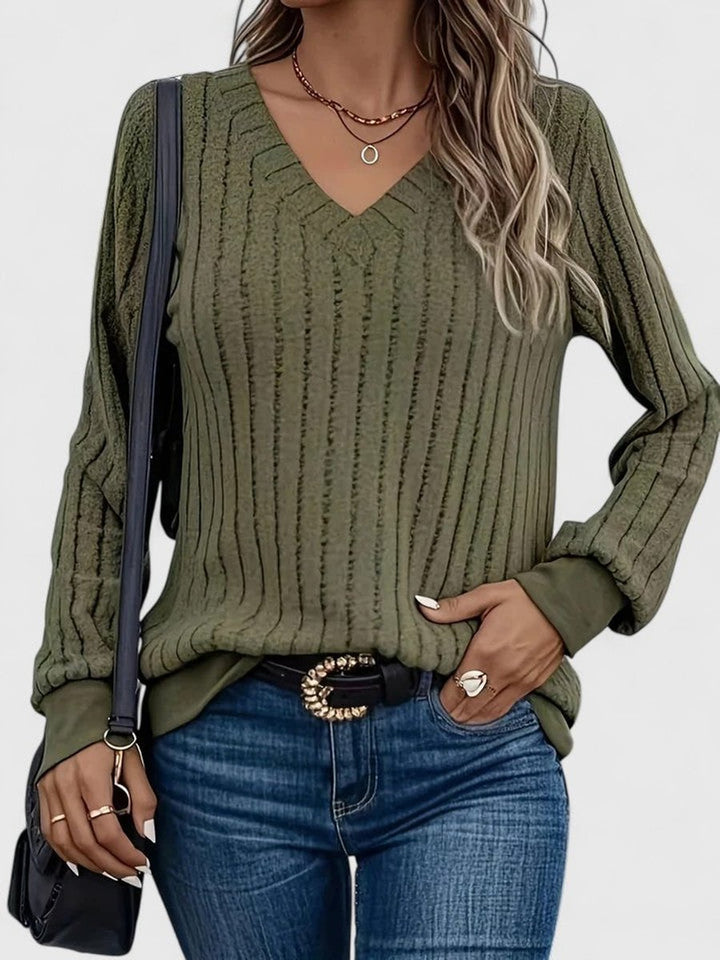 Women's V-Neck Ribbed Long-Sleeve Knit Sweater - Green