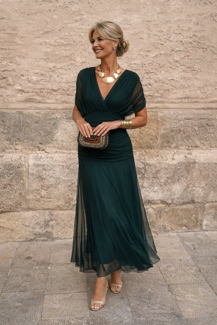 Women's V-Neck Ruched Chiffon Maxi Cocktail Party Dress - Bottle Green