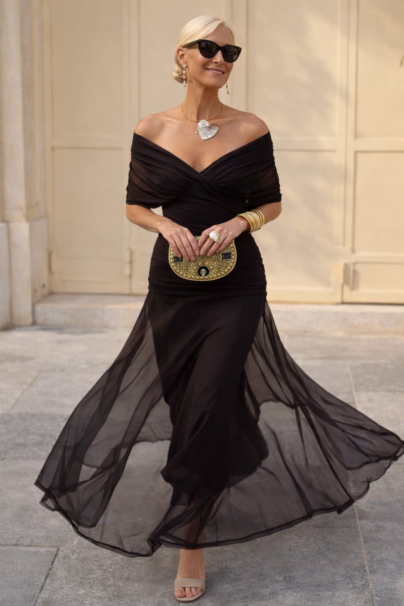 Women's V-Neck Ruched Chiffon Maxi Cocktail Party Dress - Night Brown