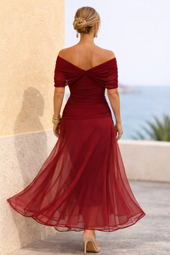 Women's V-Neck Ruched Chiffon Maxi Cocktail Party Dress
