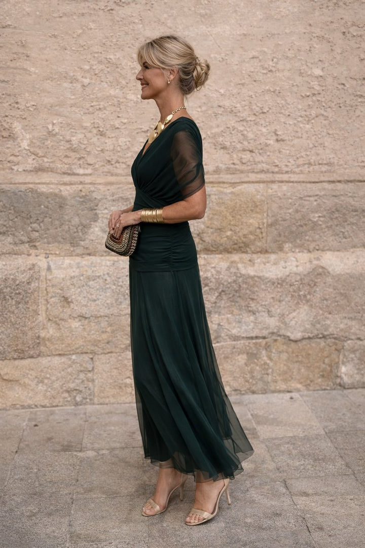 Women's V-Neck Ruched Chiffon Maxi Cocktail Party Dress
