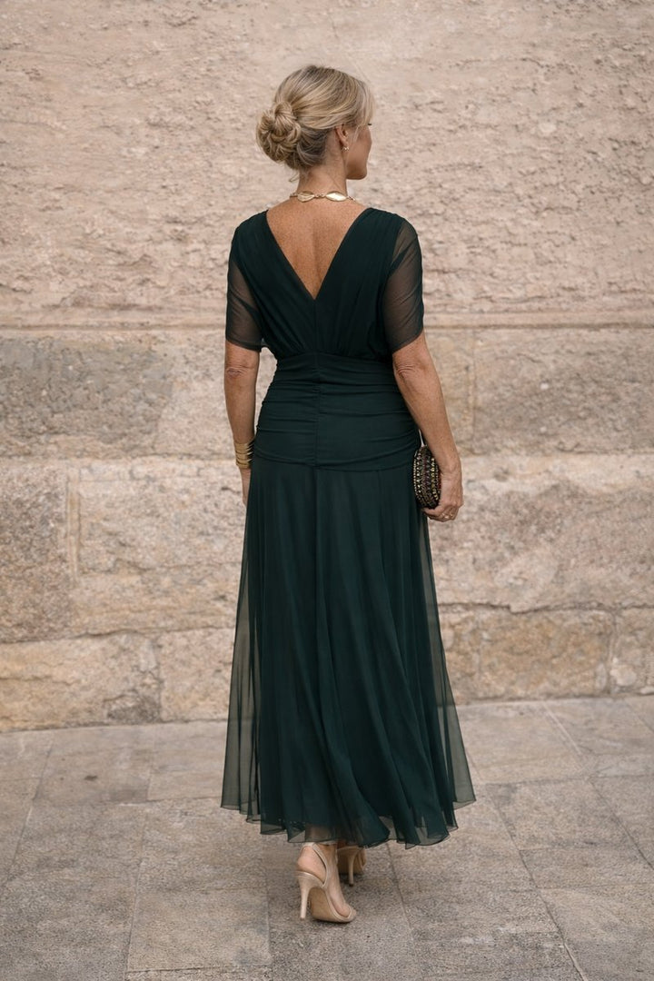 Women's V-Neck Ruched Chiffon Maxi Cocktail Party Dress