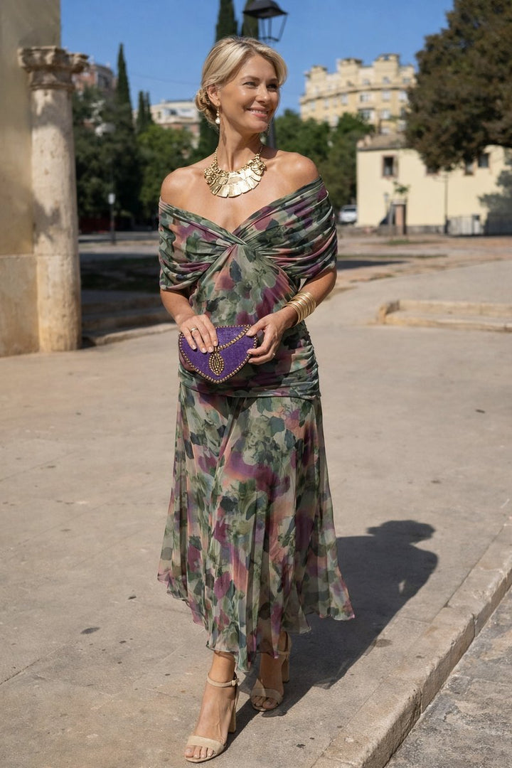 Women's V-Neck Ruched Chiffon Maxi Cocktail Party Dress - Bouquet