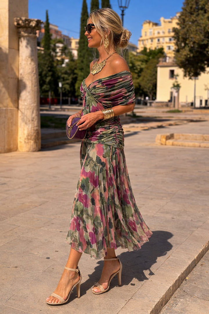 Women's V-Neck Ruched Chiffon Maxi Cocktail Party Dress