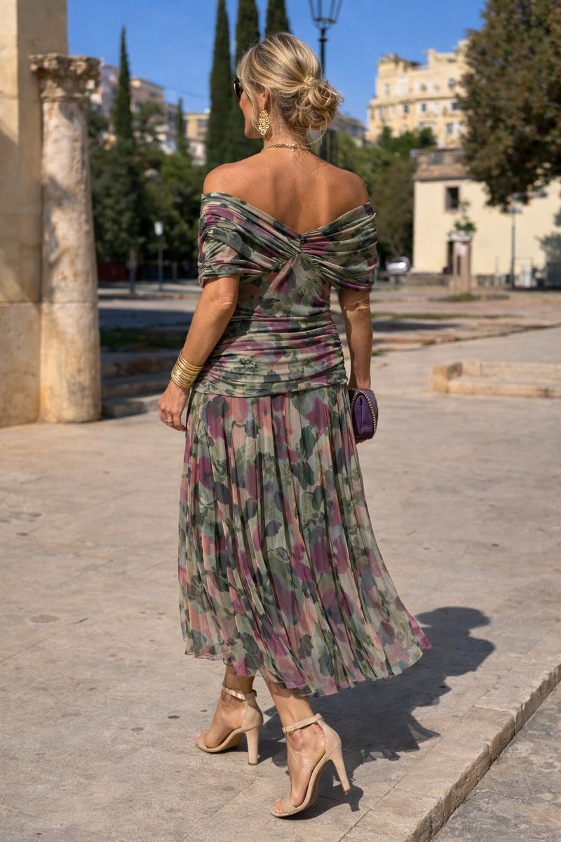 Women's V-Neck Ruched Chiffon Maxi Cocktail Party Dress