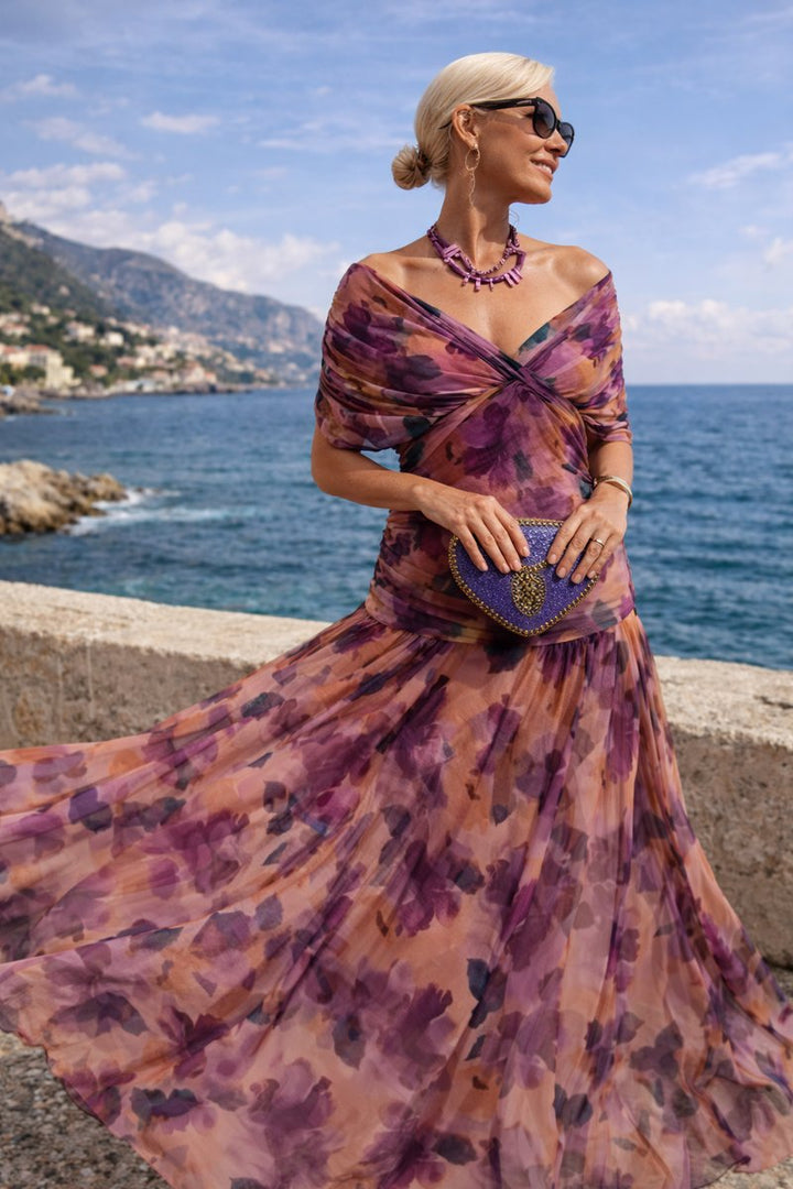 Women's V-Neck Ruched Chiffon Maxi Cocktail Party Dress - Enchanted Garden