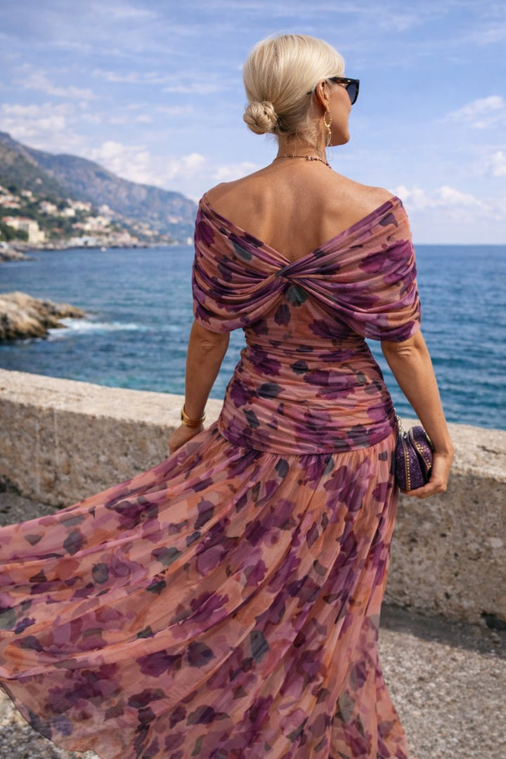 Women's V-Neck Ruched Chiffon Maxi Cocktail Party Dress