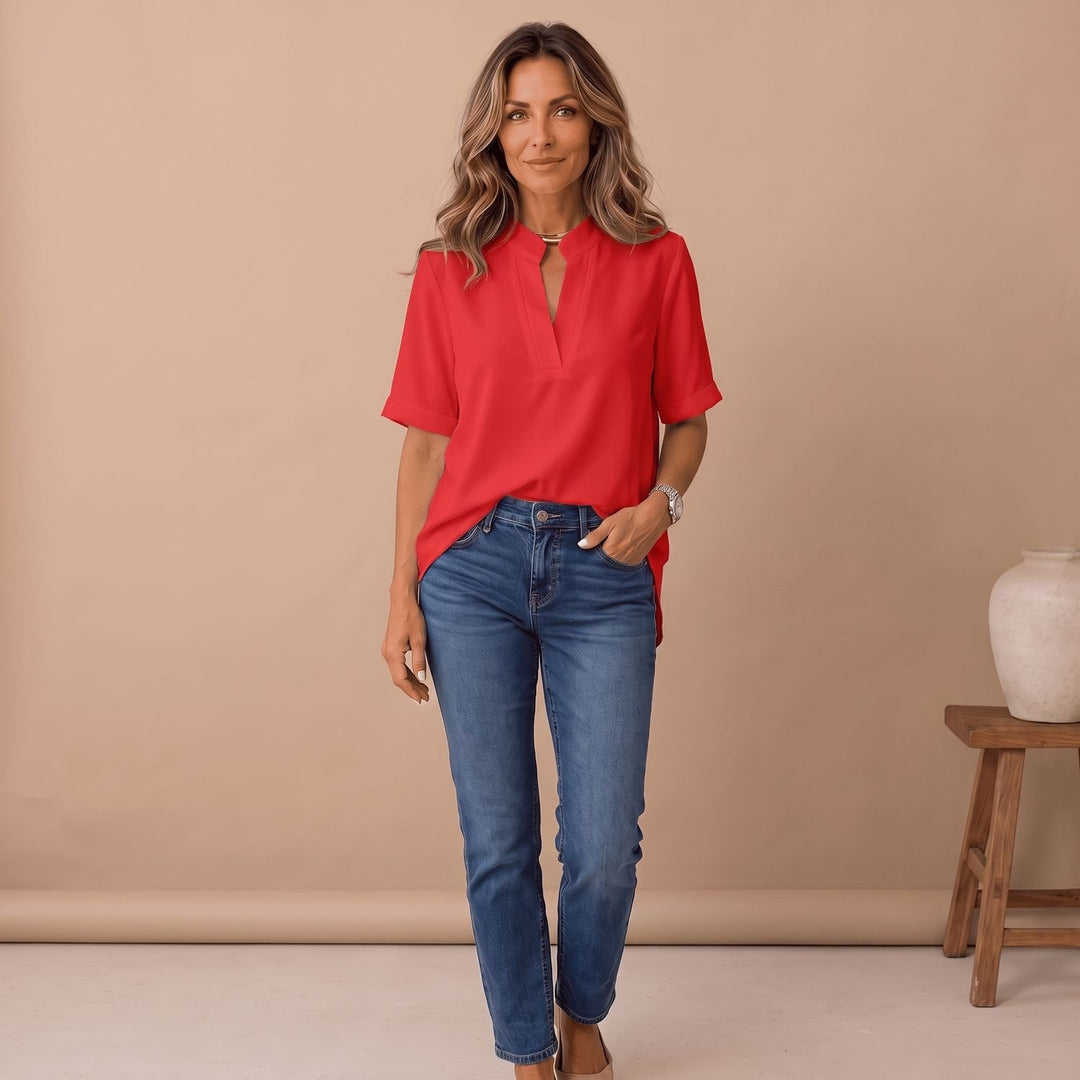 Women's V-Neck Short-Sleeve Relaxed Blouse - Red