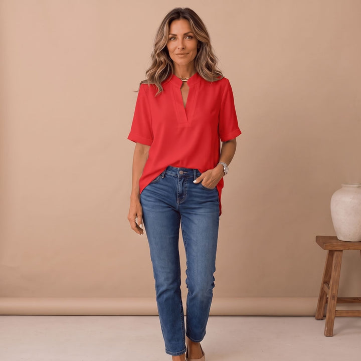 Women's V-Neck Short-Sleeve Relaxed Blouse - Red