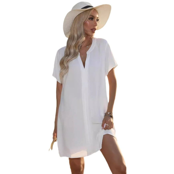 Women's V-Neck Short Sleeve Relaxed Tunic Dress