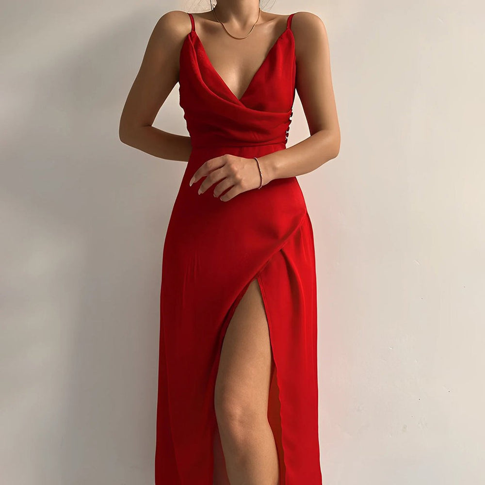 Women's V-Neck Slit Maxi Cocktail Party Dress Spaghetti Strap - Red