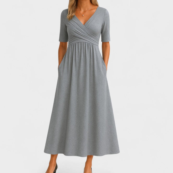 Women's V-Neck Surplice Pleated Midi Dress Pockets - Gray