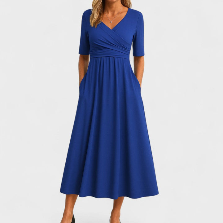 Women's V-Neck Surplice Pleated Midi Dress Pockets - Blue