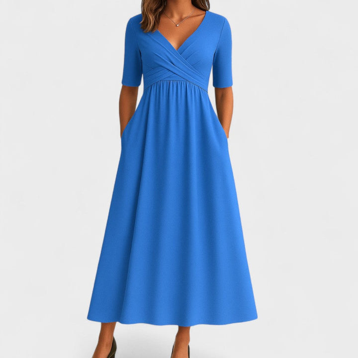 Women's V-Neck Surplice Pleated Midi Dress Pockets - Light Blue