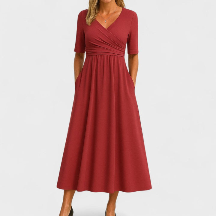 Women's V-Neck Surplice Pleated Midi Dress Pockets - Red