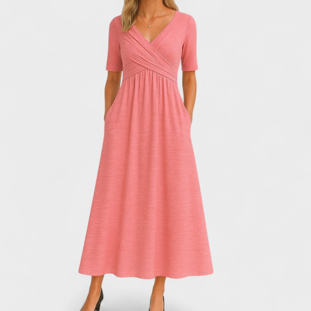 Women's V-Neck Surplice Pleated Midi Dress Pockets - Pink
