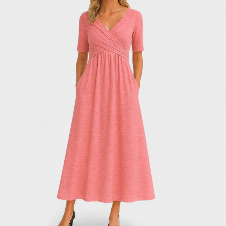 Women's V-Neck Surplice Pleated Midi Dress Pockets - Pink