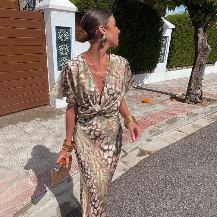 Women's V-Neck Twisted-Front Midi Cocktail Party Dress