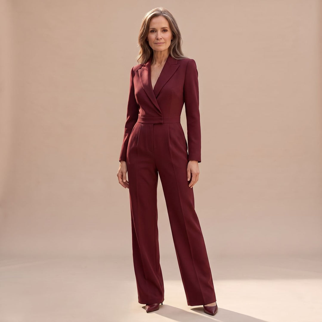 Women's V-Neck Wide-Leg Tailored Jumpsuit - Red